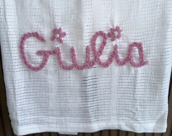 Personalised Hand Embroidered Baby Cellular Blanket