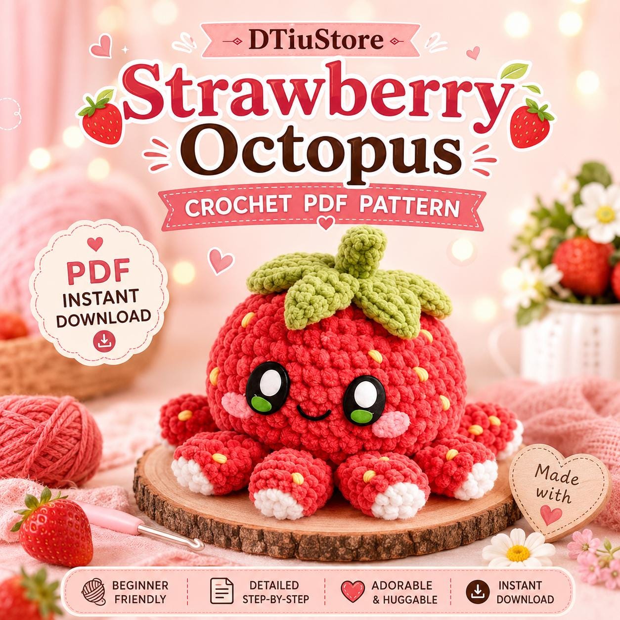 30 Octopus Crochet Patterns for Amigurumi, Plushies, Keychains, and Statement Makes 20 Strawberry Octopus Kawaii Pattern