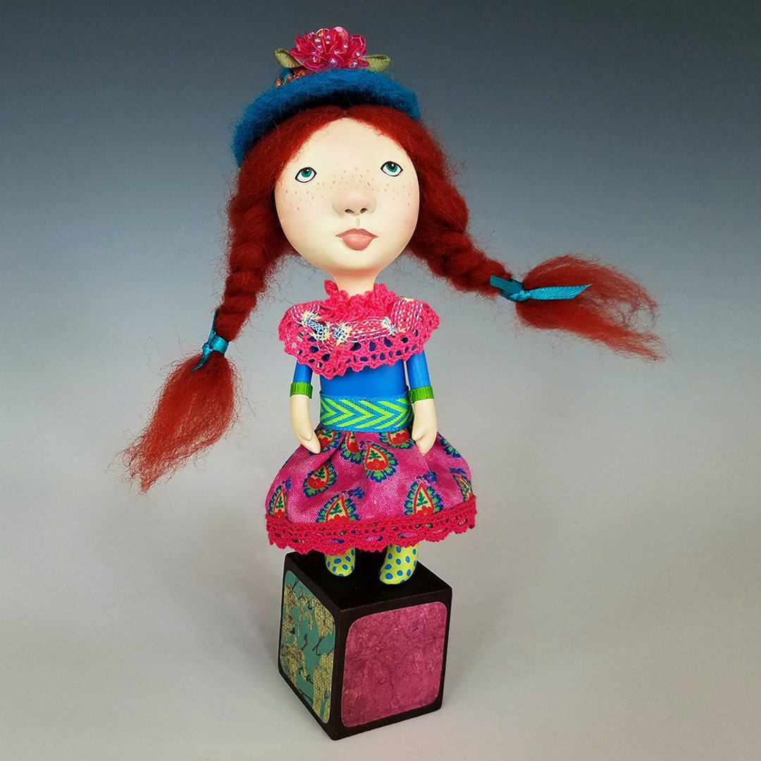Whimsical Little Girl Paper Clay Art Doll, Miniature Art Doll