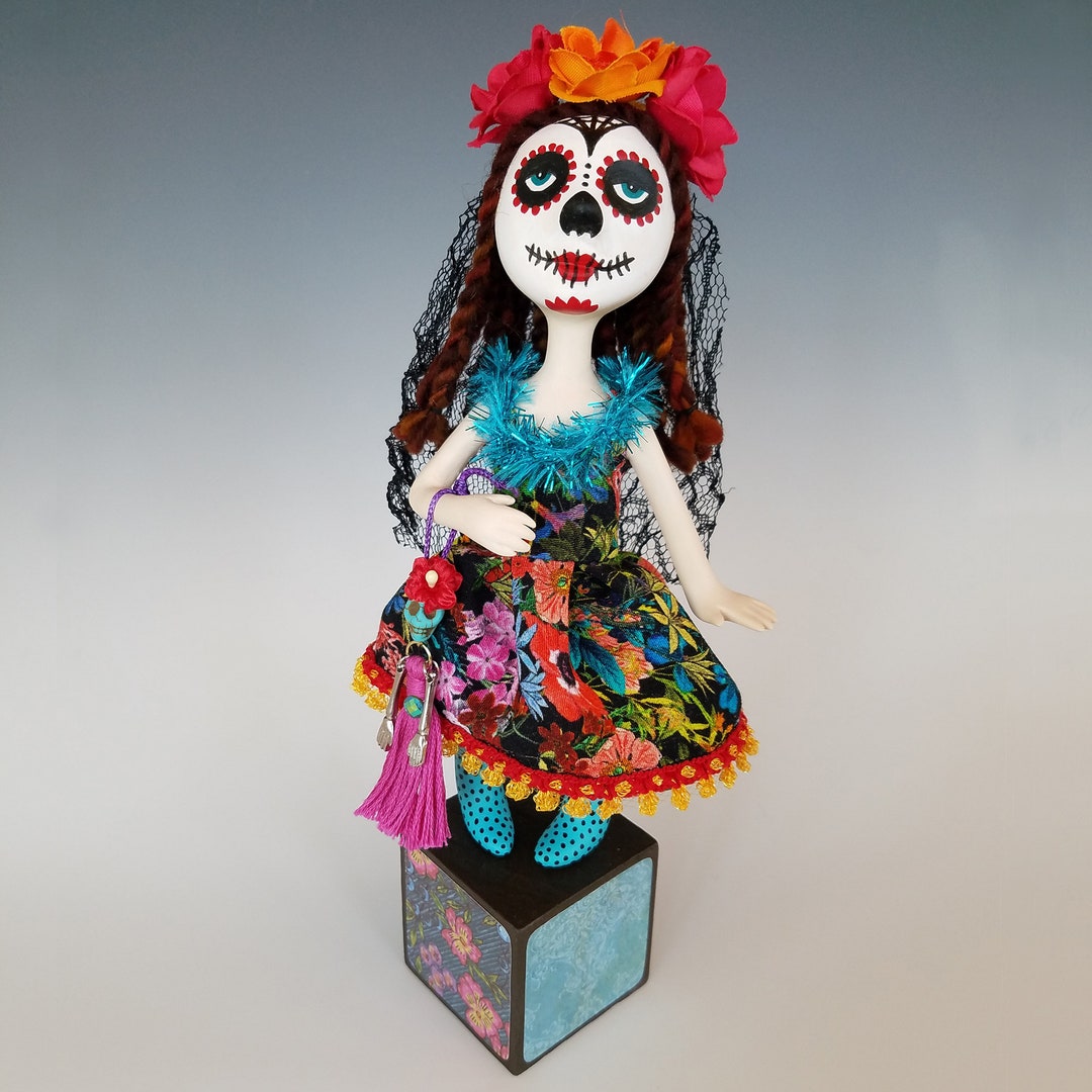 Day of the Dead Girl Art Doll, OOAK Miniature With Flowers - Etsy