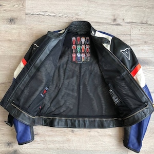K&ouml;nnte beinhalten: Eine schwarze Leder-Motorradjacke mit blauen, wei&szlig;en und roten Akzenten. Die Jacke hat ein Mesh-Futter und ein Dainese-Logo auf der R&uuml;ckseite. Die Jacke ist ge&ouml;ffnet und das Futter ist sichtbar.