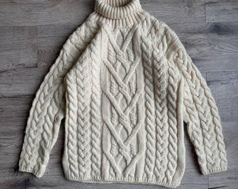 Highland Home Industries jaren 90 kabelgebreide wollen damestrui met rolkraag vintage