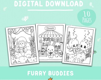 Livre de coloriage animaux kawaii, copains à fourrure pour enfants adultes (téléchargement PDF PNG)