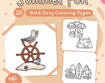 Summer Coloring Pages Printable, 20 Bold & Easy Designs, PDF + PNG, Vol.1