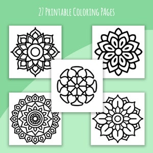 May include: Five printable coloring pages featuring intricate black and white mandala designs. The pages are square and arranged on a light green background. The text "27 Printable Coloring Pages" is at the top.