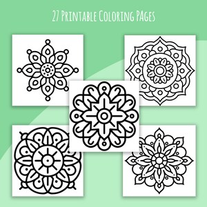 May include: A collection of 27 printable coloring pages featuring intricate mandala designs. Each page showcases a unique, symmetrical pattern in black and white, perfect for creative coloring. The pages are displayed on a light green background.