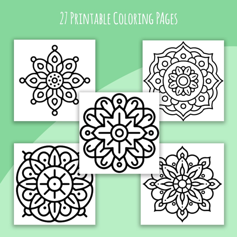 May include: A collection of 27 printable coloring pages featuring intricate mandala designs. Each page showcases a unique, symmetrical pattern in black and white, perfect for creative coloring. The pages are displayed on a light green background.