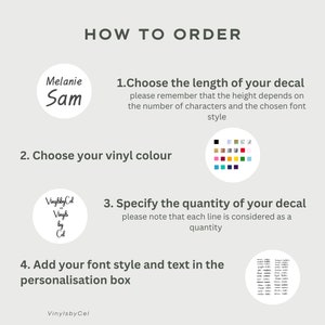 May include: Instructions for ordering custom decals. The image shows a step-by-step guide with text and color swatches. Steps include choosing decal length, vinyl color, quantity, and font style. The brand name "VinylsbyCel" is also visible.