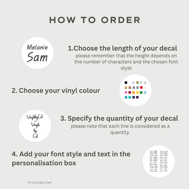 May include: Instructions for ordering custom decals. The image shows a step-by-step guide with text and color swatches. Steps include choosing decal length, vinyl color, quantity, and font style. The brand name "VinylsbyCel" is also visible.