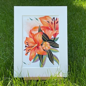 Original watercolor lilies painting flower painting bouquet orange flower picture wall decor handmade picture unique portrait format watercolor flowers