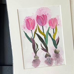 Original Aquarell Tulpen Blumenmalerei Blumenstrauß Rosa Blumenbild Wanddekor handgemachte Bild Unikat Hochformat Geschenk