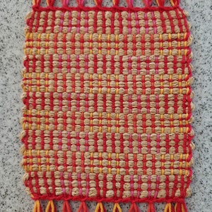 Handwoven mug rugs collection 2 pink red yel w/tan