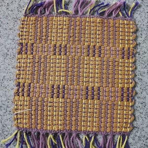 Handwoven mug rugs collection 2 Purp yel w/tan