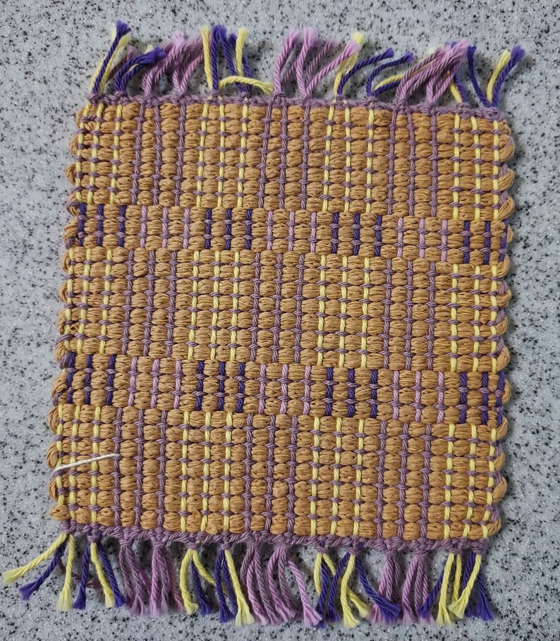 Handwoven mug rugs collection 2 Purp yel w/tan