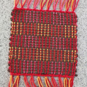 Handwoven mug rugs collection 2 pink red yel w/brown
