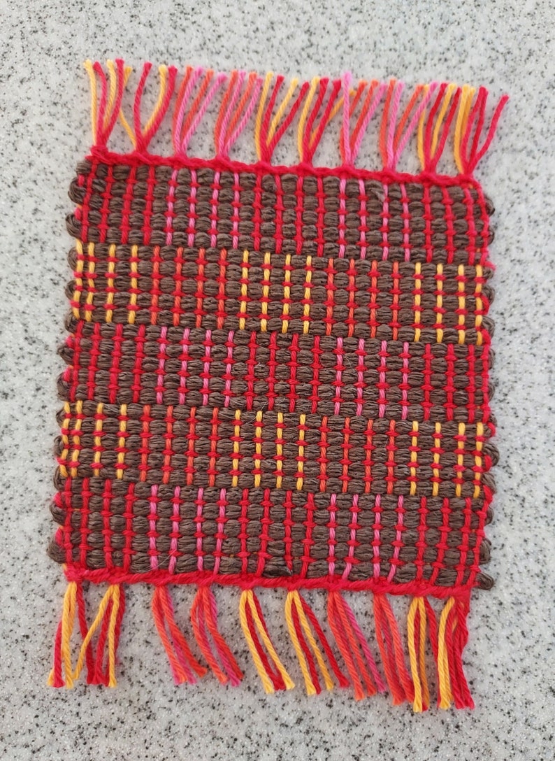 Handwoven mug rugs collection 2 pink red yel w/brown