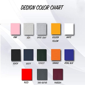 May include: Colour chart showing 13 different colours for a design project. The colours are: pink, ash, sport grey, golden yellow, white, black, navy, forest, orange, royal blue, red, dark heather, and maroon.