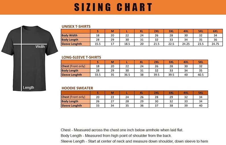 May include: Sizing chart for unisex t-shirts, long-sleeved t-shirts, and hoodie sweaters. The chart shows measurements in inches for chest, body length, and sleeve length for sizes S through 6XL.