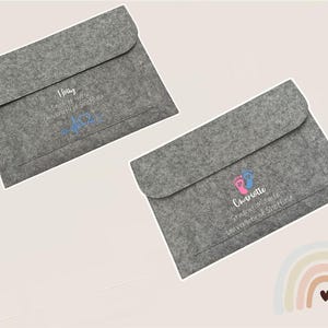 以下が含まれることがあります： 2つのグレーのフェルト製ドキュメントホルダー。1つは青い心拍グラフィックと「Holly」という名前が書かれており、その下にテキストがあります。もう1つはピンクと青の足跡と「Charlotte」という名前が書かれており、その下にテキストがあります。どちらもフラップクロージャーが付いています。
