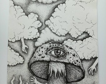 Dessin original avec des champignons magiques et des fantômes