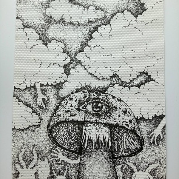 Original drawing with magic mushroom and ghosts