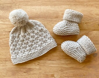 Hand Knitted Hat and Matching Booties Set - 0-3 Months - Calico Neutral