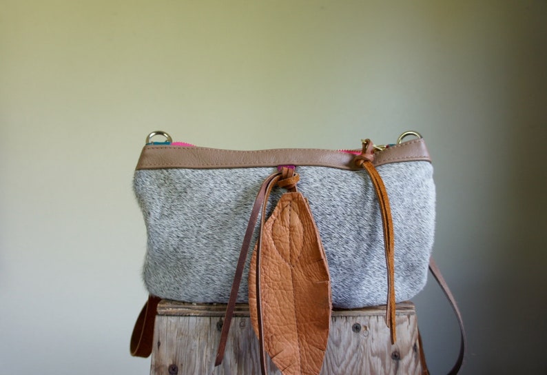 SALE Hair on Hide Cross Body with Mixed Leather and Clip on Adjustable Messenger StrapFallBohoClutch