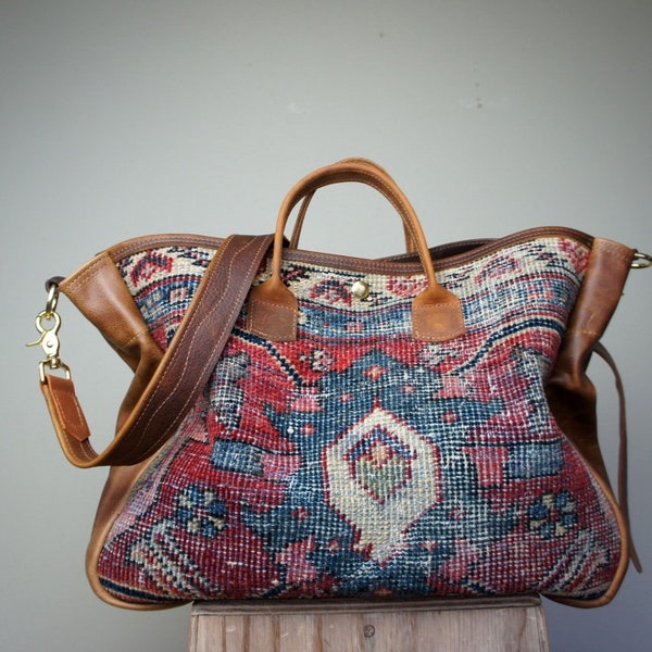 NEW/////Josephine Shopper in Vintage Carpet, and Mixed Brown Leather with Handles and Clip On Adjustable Messenger Strap