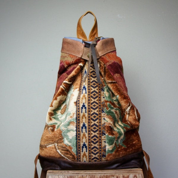 NEW///Backpack in Vintage Textiles and Mixed Leather with Adjustable Leather Straps