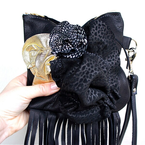 HOLIDAY////Black Leather Wristlet with Lambskin Flowers and Fringe