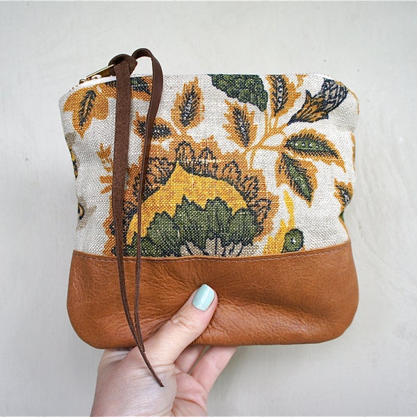 Floral Linen and Leather Pouch