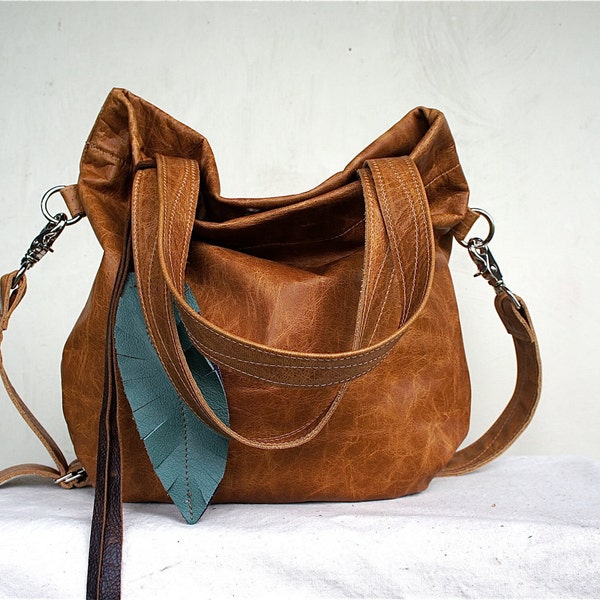 SAMPLE//Agatha Fold Over in Distressed Camel Brown Leather with Clip On Adjustable Strap