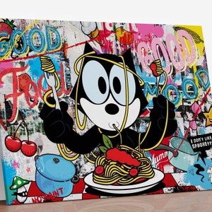 Félix y sus espaguetis ©RGB. Lienzo grande, Street Art. Pintura para decoración de paredes de cocina. Personaje felino de los años 20.