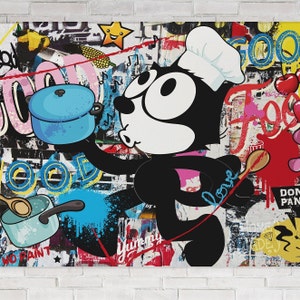 Gran lienzo de la cocina de Felix ©RGB. Pop Art, ambiente de cocina. Estilo de arte callejero. Pintura para decoración de paredes. Personaje de los años 20.