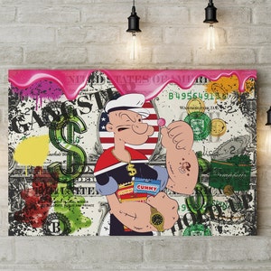 Grande tela di Braccio di Ferro il Marinaio ©RGB, Pop Art. Pittura per la decorazione murale. Personaggio animato degli anni '20.