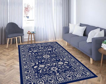 Navy Blue Beige Anatolian Area Rug, Washable Living Room Floor Decor