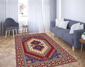 Persian Red Blue Area Rug, Anatolian Turkish Living Room Decor, Washable Carpet