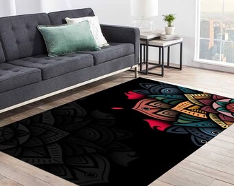 Vibrant Mandala Area Rug: Black, Non-Slip, Machine Washable Livingroom Accent