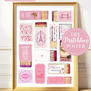 May include: A framed collage of matchboxes with various designs, including a pink flamingo, an Eiffel Tower, a London Bridge, and a ticket to Rome. The matchboxes are arranged in a grid pattern and have a pink and white colour scheme. The frame is gold and the text "DIY Matchbox Poster" is written in a pink circle on the right side of the image.
