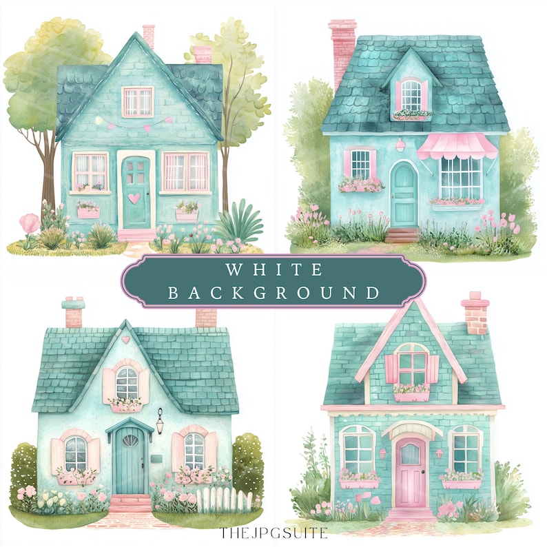 May include: Four watercolor illustrations of cute, teal blue houses with pink accents. Each house has a front door, windows, and a small garden with flowers. The text "WHITE BACKGROUND" is displayed below the houses.