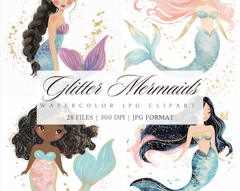 28 Mermaids JPG Clipart, Glitter Mermaids Clipart, Mermaid Party Decor, JPG Printable, Watercolor Mermaids JPGs Junk Journaling, Card Making