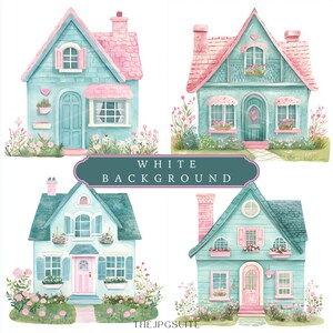 May include: Four watercolor illustrations of cute blue houses with pink roofs and white trim. Each house has a pink door, windows, and flower boxes. The houses are surrounded by green grass and flowers.
