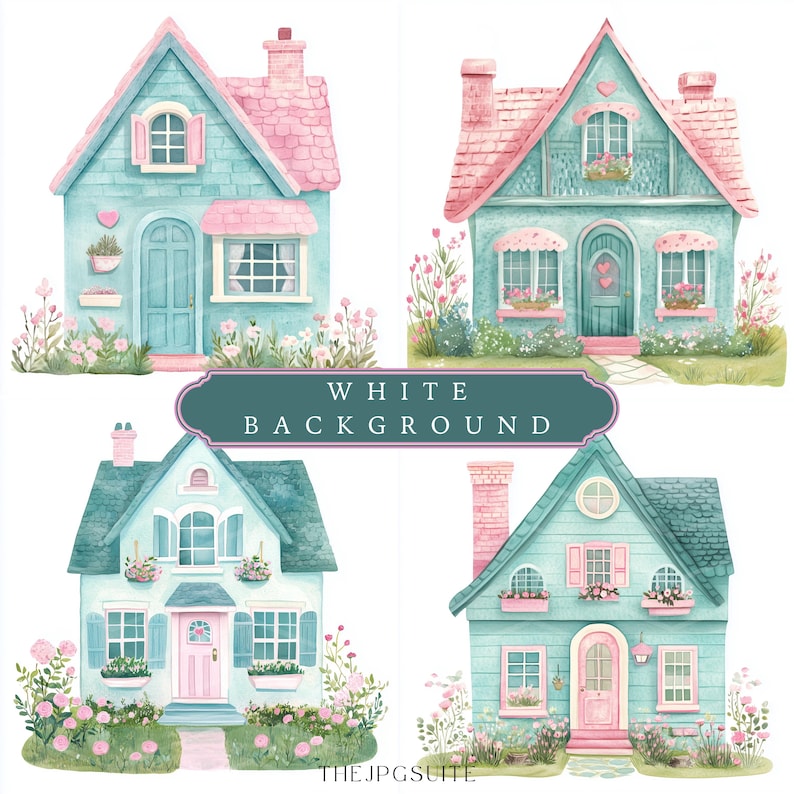 May include: Four watercolor illustrations of cute blue houses with pink roofs and white trim. Each house has a pink door, windows, and flower boxes. The houses are surrounded by green grass and flowers.