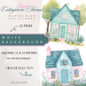 May include: Two watercolor illustrations of cottagecore homes. The first home is light blue with a pink roof and a green door. The second home is pink with a light blue roof and a green door. Both homes have flowers and greenery around them.