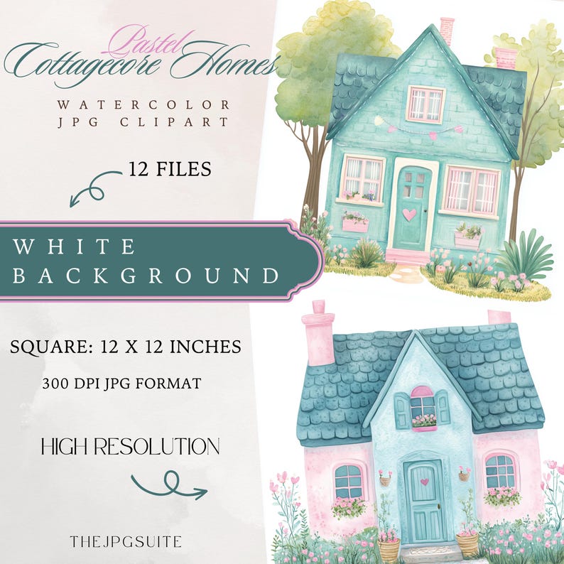 May include: Two watercolor illustrations of cottagecore homes. The first home is light blue with a pink roof and a green door. The second home is pink with a light blue roof and a green door. Both homes have flowers and greenery around them.