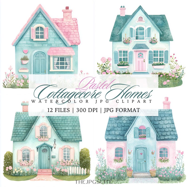 May include: A set of four watercolor illustrations of pastel-colored cottagecore homes with pink and blue accents. The homes have white picket fences, flower boxes, and lush green lawns. The text "Pastel Cottagecore Homes Watercolor JPG Clipart 12 Files | 300 DPI | JPG Format" is displayed below the images.