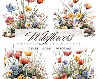 10 Wildflowers JPG Clipart, Flowerbed Clipart, Wildflower Meadow Images, Printable Watercolor Clipart, High-Quality JPGs, Junk Journal Image
