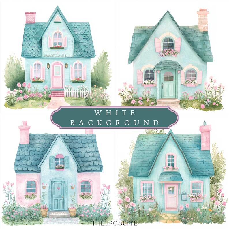 May include: Four watercolor illustrations of cute, pastel-colored houses with pink and green accents. Each house has a white picket fence and a small garden with flowers. The text "WHITE BACKGROUND" is written in a green banner at the top of the image.