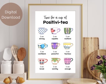 Positivi-tea Positivity, I Am Affirmations, Printable Wall Art, Positive Affirmations Poster, Therapist Office School Counselor, Self Esteem