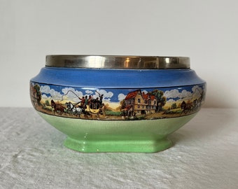 Vintage L and Sons Ltd English Porcelain Footed Bowl with Silver Rim - Blue and Green Antique Pot